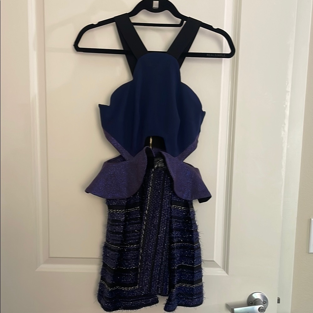 Three Floor purple tweed cut out peplum mini dress